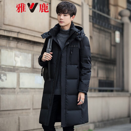 Yalu down jacket men's mid-length over the knee new style removable hat men's black business thickened jacket LC black 170/M