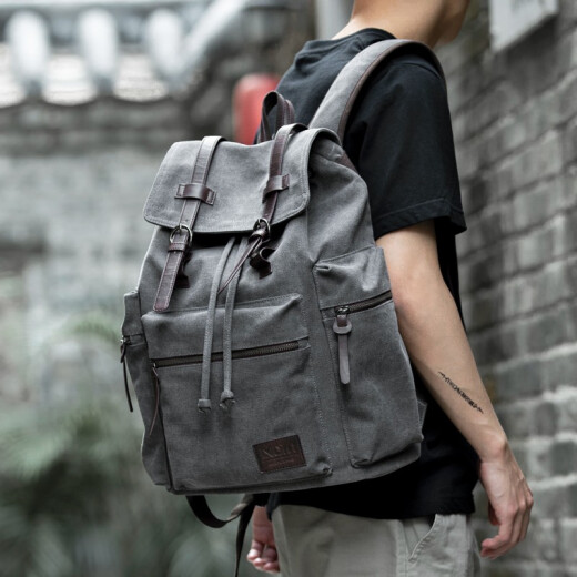 Ink shoulder bag men's casual canvas large-capacity backpack trendy school bag men's junior high school college student travel computer bag gray