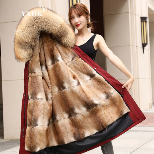 YXHK parka women's long green mink lining mink fur coat slim fit raccoon fur collar new coat dark green shell L recommended 105-120Jin [Jin equals 0.5 kg]