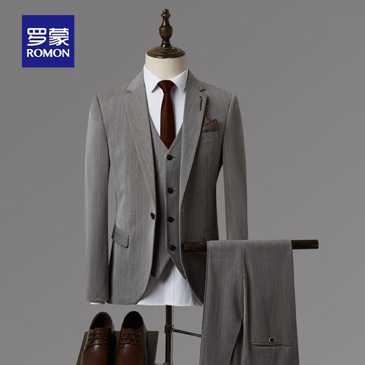 Luo Meng high-end suit men's suit wedding dress formal business professional suit jacket high-end striped groom 1909 light gray suit + vest + pants 2XL