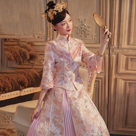 Taylor Martin (TAILEMARTIN) Xiuhe Clothing Bridal New Chinese Style Wedding Dress Wedding Dress Toast Clothes Ancient Hanfu Cheongsam Women 408 Pink Pleated Skirt Style M