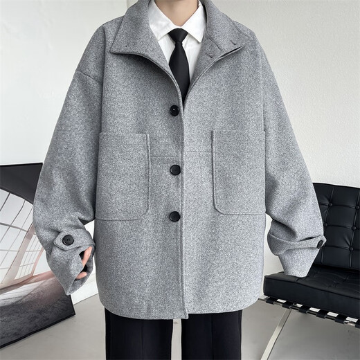 Jufeng oversize retro woolen coat men's short autumn and winter style double-breasted trendy fat people loose handsome coat men N8181 black M 90-110Jin Jin equal to 0.5 kg can be worn