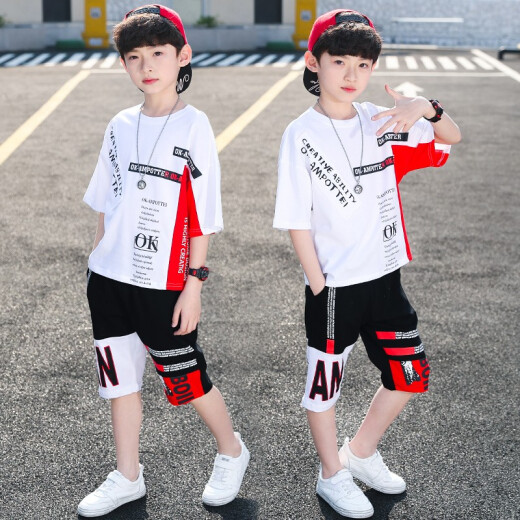 Children's clothing boys' suits summer clothes 2020 summer new Korean version children's suits Internet celebrity short-sleeved T-shirts little boys fashionable and handsome middle-aged children's western style two-piece set 3-15 years old trendy white 150 size recommended height around 140 cm