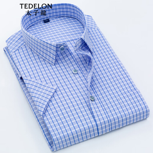 TEDELON short-sleeved shirt men's plaid square collar slim business formal wear iron-free casual shirt youth work bottoming shirt top T01105 light blue XL/40