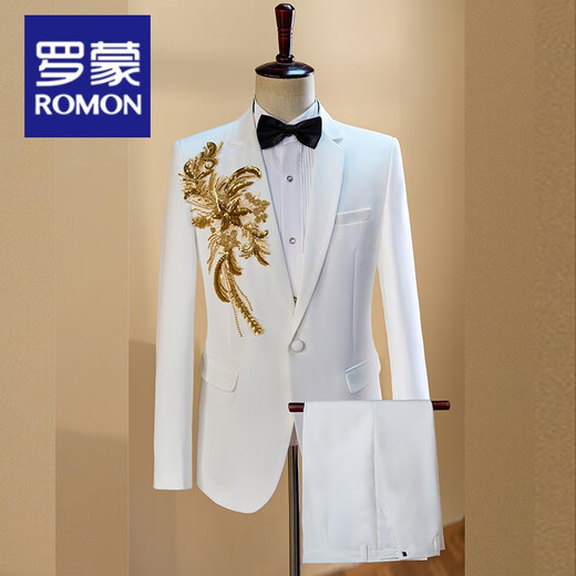 Luo Meng white embroidered suit singer performance suit male emcee host men's chorus dress men's suit suit green fruit collar suit jacket + pants + girdle + bow tie 2XL height 185 weight 175Jin Jin is equal to about 0.5 kg