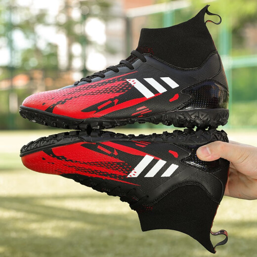 High-top football shoes, mandarin duck color long nails, comfortable foot-wrapping, breathable AG nail training sneakers, TF soles, soft soles for children, students, adults, universal four-season models 518 black and red nails 41