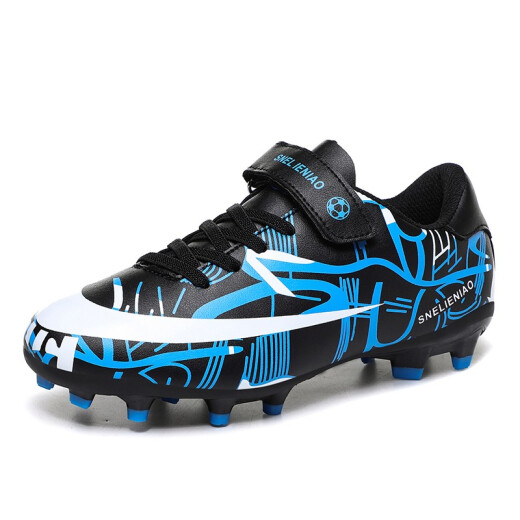 Youth training football shoes children's long spikes and Velcro for boys, primary school students, middle and large children's football sports training shoes 157 blue ding-Velcro 35 socks + guard