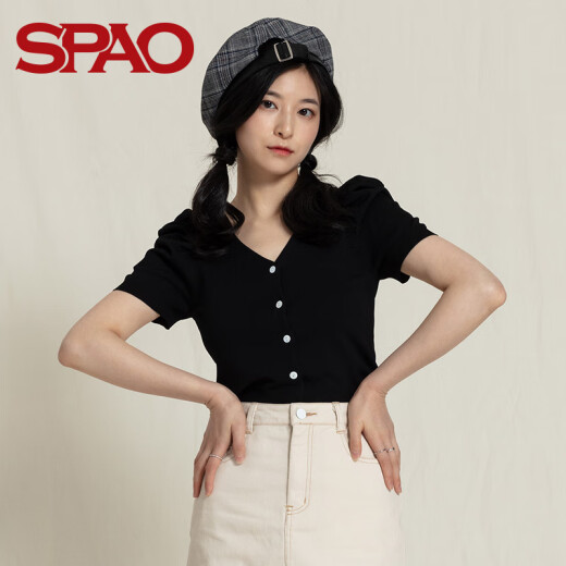 SPAO women's V-neck short-sleeved knitted cardigan 2020 spring new slim sweater SPKAA25S53 black M/165