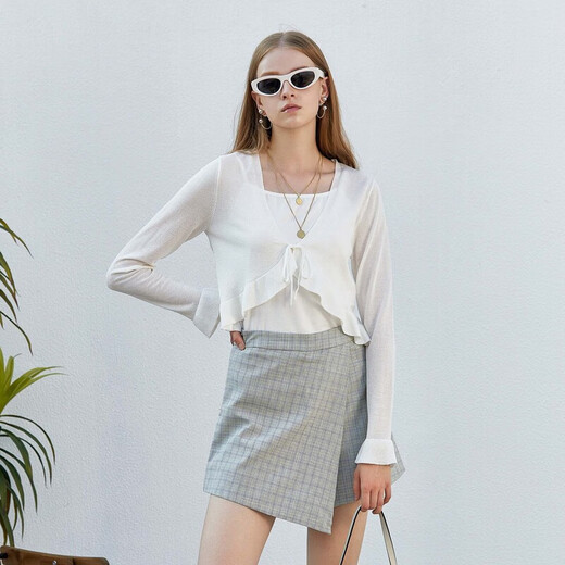 S.DEER Sommermode Damen gerippter Pilz-Cardigan mit V-Ausschnitt und Kordelzug S232Z3524 Originalweiß/9B S 160