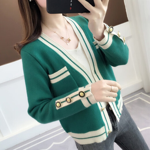 Greche Knitted Sweater Women's 2020 Autumn and Winter Women's New Korean Slim Sweater Women's Slim Style Jacket Women's Versatile Cardigan Top Women's Long-Sleeved Bottoming Shirt Women's Green Please take the correct size