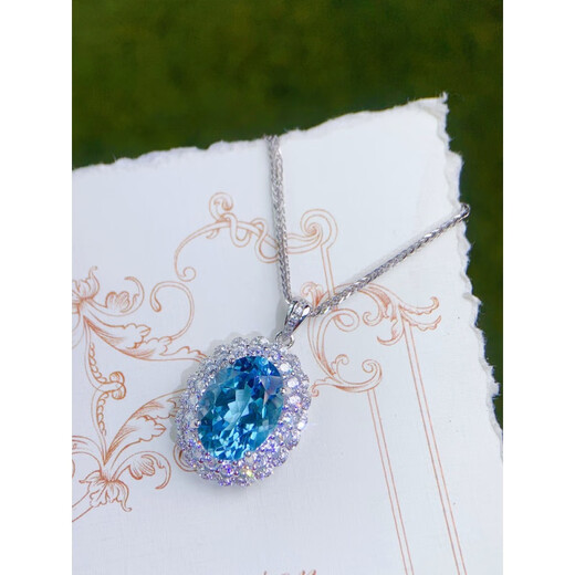 Gepan 9 carat natural topaz set S925 silver pigeon egg ring luxury blue gem pendant women's necklace set (ring + necklace)