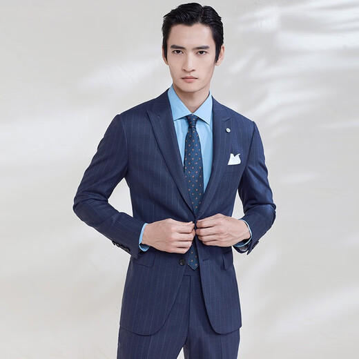 Angel Bird Suit Men's Suit Australian Sheep Wool Light Business Formal Fashion Work Suit Pants Suit Navy Blue Stripe-Slim Fit-Double Open 52 B(185/108) /Please note waist or trousers