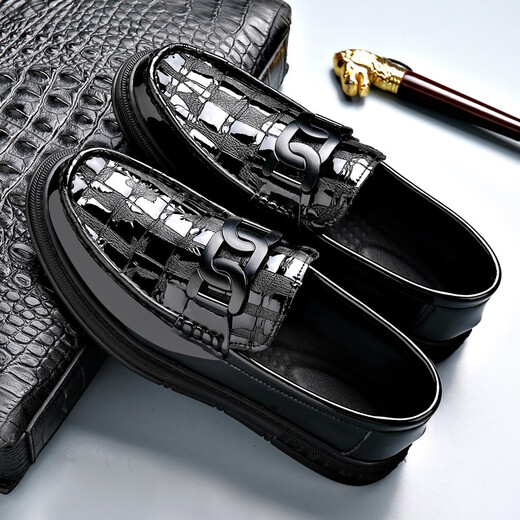 KEDUN Spring and Summer Peas Shoes Men's Genuine Leather Soft Sole Lazy Slip-on Men's Business Casual Leather Shoes Glossy Height-increasing Men's Shoes Black (Flat Heel) 42