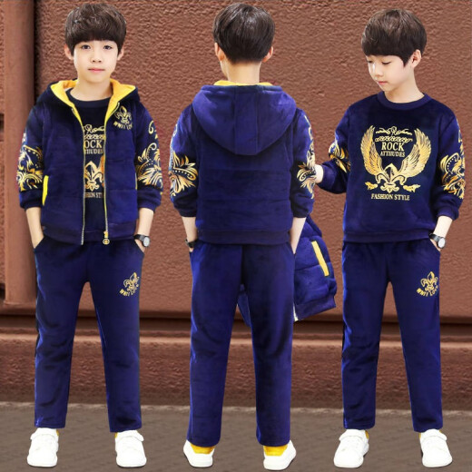 Children's clothing boys' suit plus velvet and thickened gold velvet three-piece set 2022 autumn and winter cotton coat for middle and large children, fashionable sports suit for little boys, trendy navy blue three-piece winter clothes [vest + top + pants] 140cm