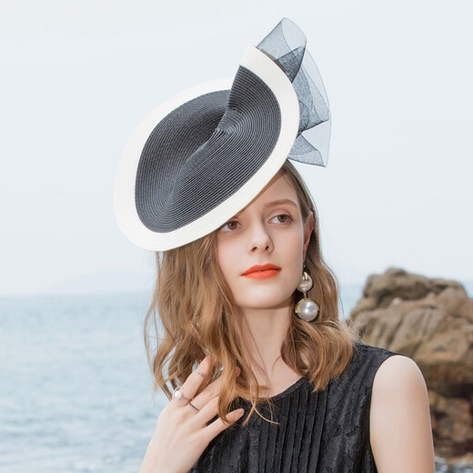 EE party hat spring and summer new style British ponytail yarn elegant party hat for women 2396 black and white contrasting colors no head size limit
