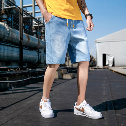 Taizilong TEDELON denim shorts men's summer casual versatile washable and wear-resistant straight men's shorts trendy solid color five-point denim shorts men's JQNK826 light blue XL