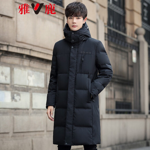 Yalu down jacket men's mid-length over the knee new style removable hat men's black business thickened jacket LC black 170/M