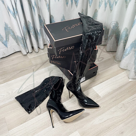 Ftshist sexy plus size cross-dressing mirror high gloss patent leather latex ammonia 12cm super high stiletto heel pointed toe over-the-knee socks boots red 43