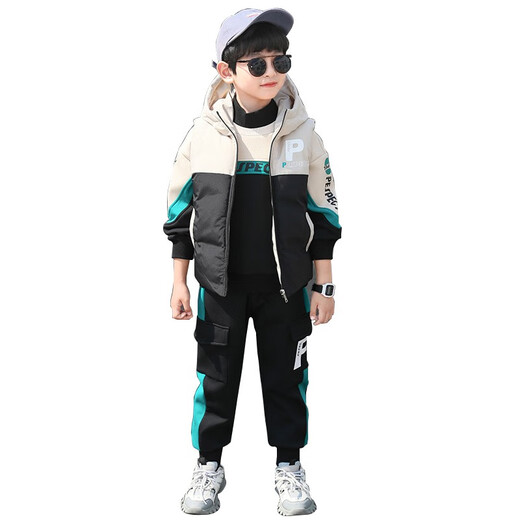 Three-piece set Monkey Brother Children's Clothing Boys' Velvet Suit Winter Clothes New Thickened Medium and Large Children's Winter Vest + Sweatshirt + Casual Pants Boys Student Three-piece Set 3-15 Years Old Trendy Off-White 140 (Recommended Height Around 130CM)
