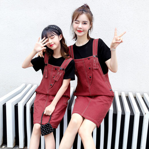 Internet celebrity parent-child outfit mother-daughter outfit two-piece set 2020 new summer trendy fashionable denim double suspender skirt suit red mother L (recommended 105-115 Jin [Jin equals 0.5 kg])