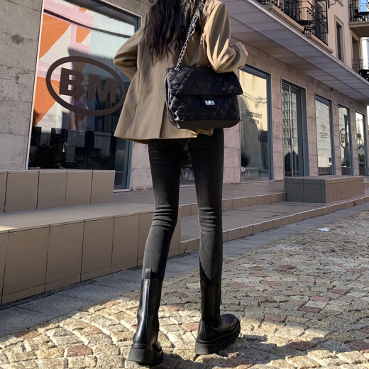 Yiyang official self-operated flagship store gray black high-waisted small-leg jeans for women 2023 autumn and winter new slim fit gray black (trousers) thin velvet 31