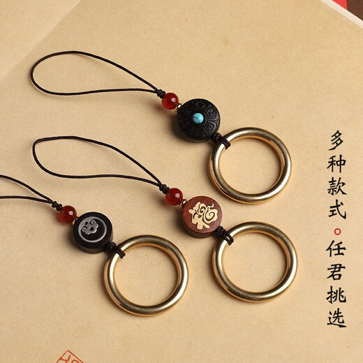 Man style pure brass ring mobile phone ring buckle metal universal dust plug pendant USB flash drive finger pendant anti-lost artifact lanyard handmade jewelry brass ring-Green Bodhi