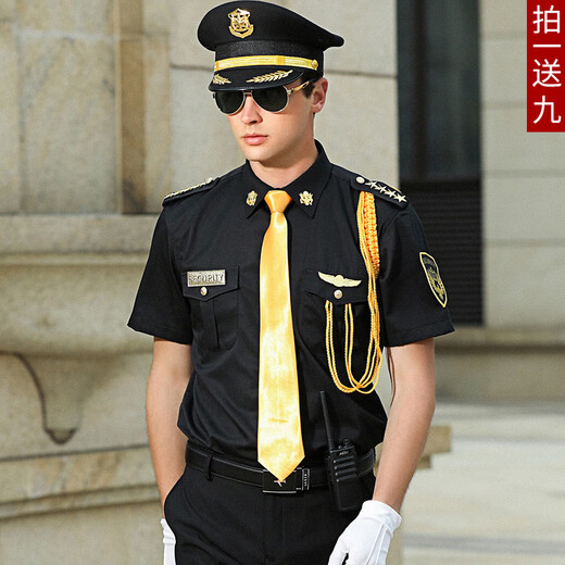 Conwhd concierge clothing sales department security shirt suit spring and summer high-end hotel image booth security work clothes short lining + pants + 9 accessories - big cap - gold 2 bars L
