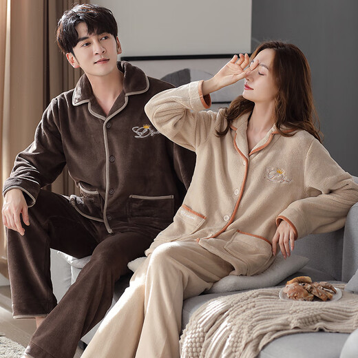 LangSha Couple Pajamas Women's Winter Flannel Home Clothes Men's Fall Velvet Casual Loose Suits Women's Autumn and Winter Style A2731 Beige Female M