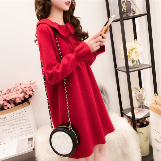 Hanmo Dress Autumn and Winter Loose Sweater Knitted Long Skirt Doll Collar Bottoming Skirt Large Size Women's Knitted Bottoming Shirt Fat MM Slim Sweater Dress HM1001 Red One Size