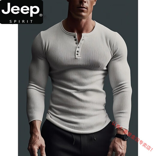 JEEP SPIRIT Hard Guy européen et américain Ami kaki T-shirt américain rétro lourd col Henry chemise de base courte à manches longues pour hommes gris foncé L