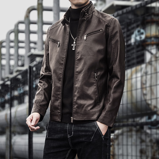 
Woodpecker leather jacket men's spring and autumn casual men's jacket pussy motorcycle jacket street fashion men's top slim Coffee regular XL (recommended 115-130 Jin [Jin equals 0.5 kg])
