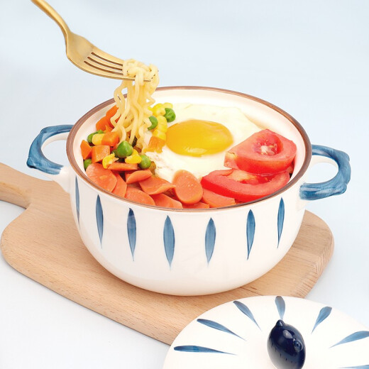 Baijie ceramic instant noodle bowl with lid double-ear soup bowl with lid 900ml soup basin instant noodle bowl