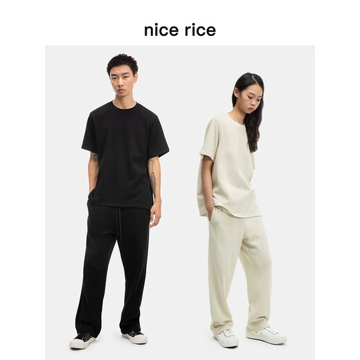 nice rice好饭 轻薄亲肤240G宽松直筒休闲男士针织卫裤NFC12052 黑色（240G） L
