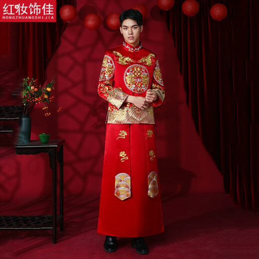 Red makeup Jiaxiuhe clothing couple's style Chinese wedding dress men's and women's suit 2024 new wedding dress heavy industry couple toasting suit men's [heavy industry Pan Jinxiu] S