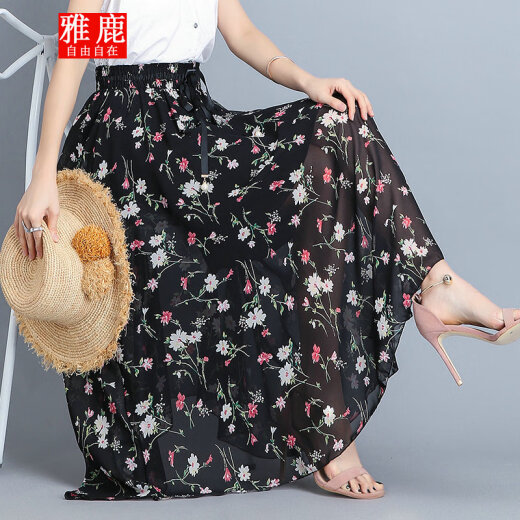 Yalu Free and Easy Chiffon Skirt Women's Summer Half-length Skirt Pleated Skirt A-line Skirt One-step Elastic High Waist Fashion YL-JM-517-5 Designs and Colors 5 One Size