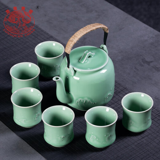 Longquan celadon large-capacity teapot teacup household one pot six-cup ceramic Kung Fu tea set gift box Diyao Tianqing including gift box