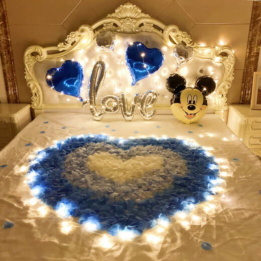 Decorate birthday scene for wife's room birthday, romantic Valentine's Day, rose petals, wedding room, confession and proposal, room bed decoration, romantic petal lantern package thirty-six (with 10-meter light string, pump + tape