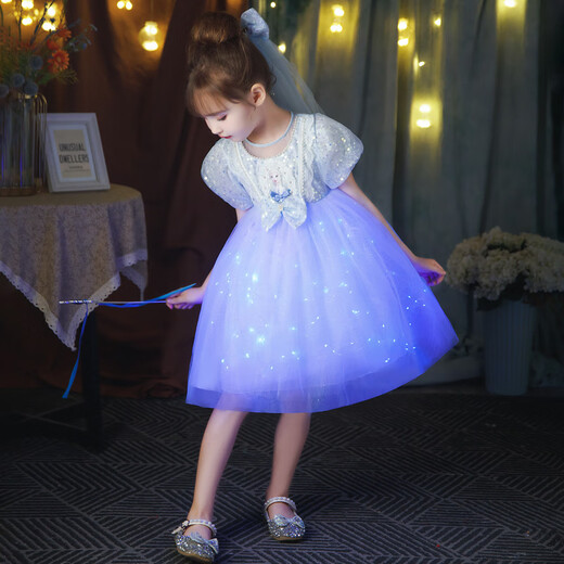 Wankai Frozen Luminous Skirt Girls Elsa Princess Skirt Children Elsa Sequined Puff Dress Princess Luminous Skirt + Headwear + Jewelry 7-piece Set 100cm