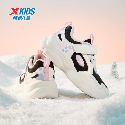 Xtep children's cotton shoes for girls and toddlers, leather cat pattern, cotton lining, warm and cushioning cotton shoes, black/sail white 27