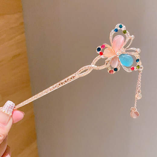 Wanbaozi Children's Ancient Style Hanfu Butterfly Hairpin Children's Updo Hairpin Headband Wind Hairpin Tassel Hairpin Hair Accessory Diefei-Pink