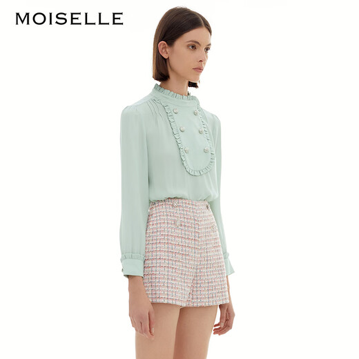MOISELLE慕诗 新款通勤衬衫钉珠刺绣荷叶领百搭衬衣5M983 白色 36/S