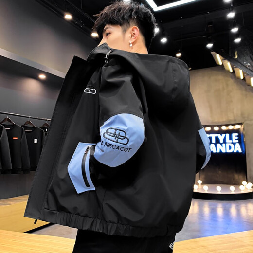 FORTEI Jacket Men's Fashion Versatile Jacket Men's Top Korean Style Trendy Hooded Breathable and Comfortable Men's Jacket Men's JAG7025 Blue XL