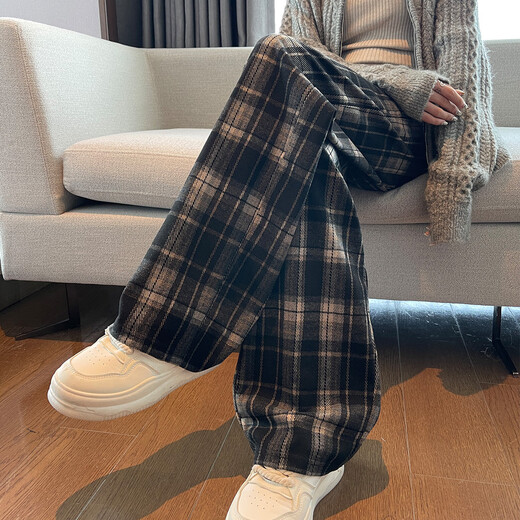 TonLion 2024 Women's Casual Slim Elastic Plaid Velvet Casual Pants Black Tone M