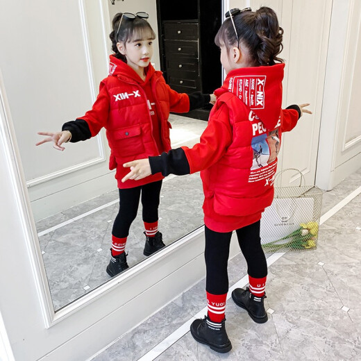 Pudding Fish Children's Clothing Girls' Suit Winter Clothes 2020 Brand Medium and Big Children's Internet Celebrity Winter Style Thickened Girls' Vest + Sweatshirt + Pants Style Three-piece Set Red 140 Size Recommended Height 130cm