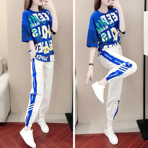 Yin Yanxue Sports and Leisure Suit Women's Casual Pants Women's Sweatshirt Suit Women's 2020 New Women's Summer Clothes Western Style Internet Celebrity Temperament Small Fragrance Style Two-piece Set Summer Fashion Large Size Women's Clothes Blue Please take the corresponding size