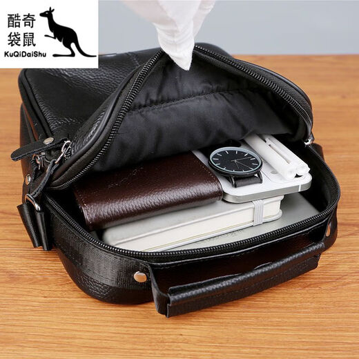 酷奇袋鼠男包单肩斜跨真皮牛皮包新款男士商务出差手提休闲小挎包中年背包 719加大号竖款黑色