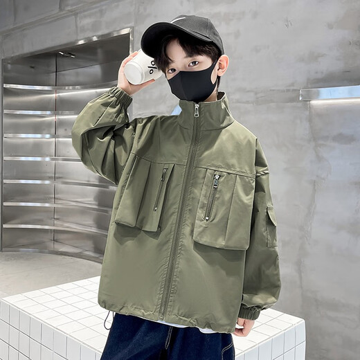 McDouble Bear Boys' Jacket Spring and Autumn Fashion Style 2025 New Medium and Large Children's Spring Casual Jacket Fashion Top Work Style Green (8326 Spring and Autumn Style) 160