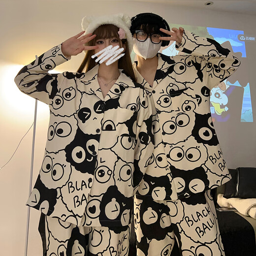 Mengdong Couple Pajamas Spring and Autumn New Long-sleeved Cartoon Men and Women Loose Large Size Pure Cotton Trendy Brand Home Clothes Set M Long Sleeve #Cartoon Briquettes XXL Size Men (Recommended 145-170 Jin Jin equals 0.5 kg)