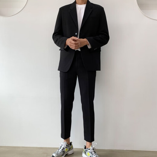 Xinghelai blazer men's Korean style business casual suit black shoulder pad small suit handsome boy trendy black shoulder pad jacket + small pants XL 125-140Jin Jin equals 0.5 kg