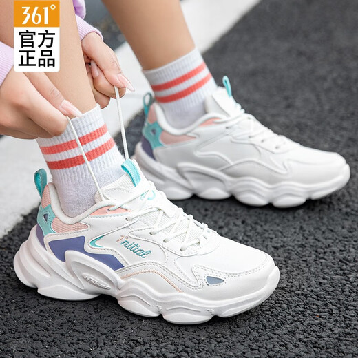 361 Women's Shoes Sports Shoes Women's Autumn and Winter New Leather Running Shoes Casual Commuting Dad Brand Shoes Women's Travel Shoes Feather White/Pink Purple Gray 38 (Official Authentic)